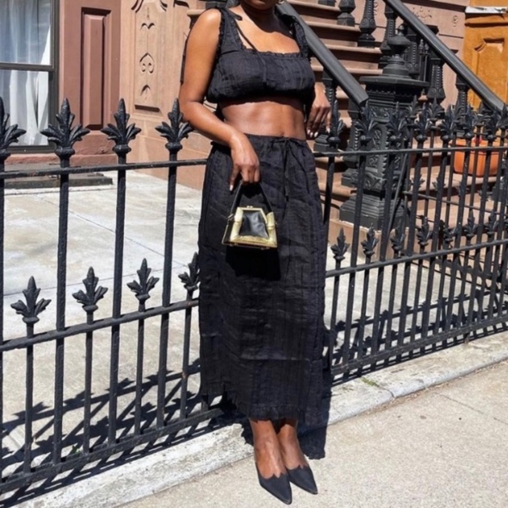 NWT Doen Renee Ramie Pintuck Ruffle Sleeveless Tie Crop Blouse Top Black - Picture 3 of 11